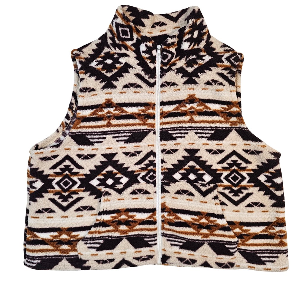 Southwestern Sherpa Fleece Vest Geometric Aztec Print Brown Cream Tan 2XL
